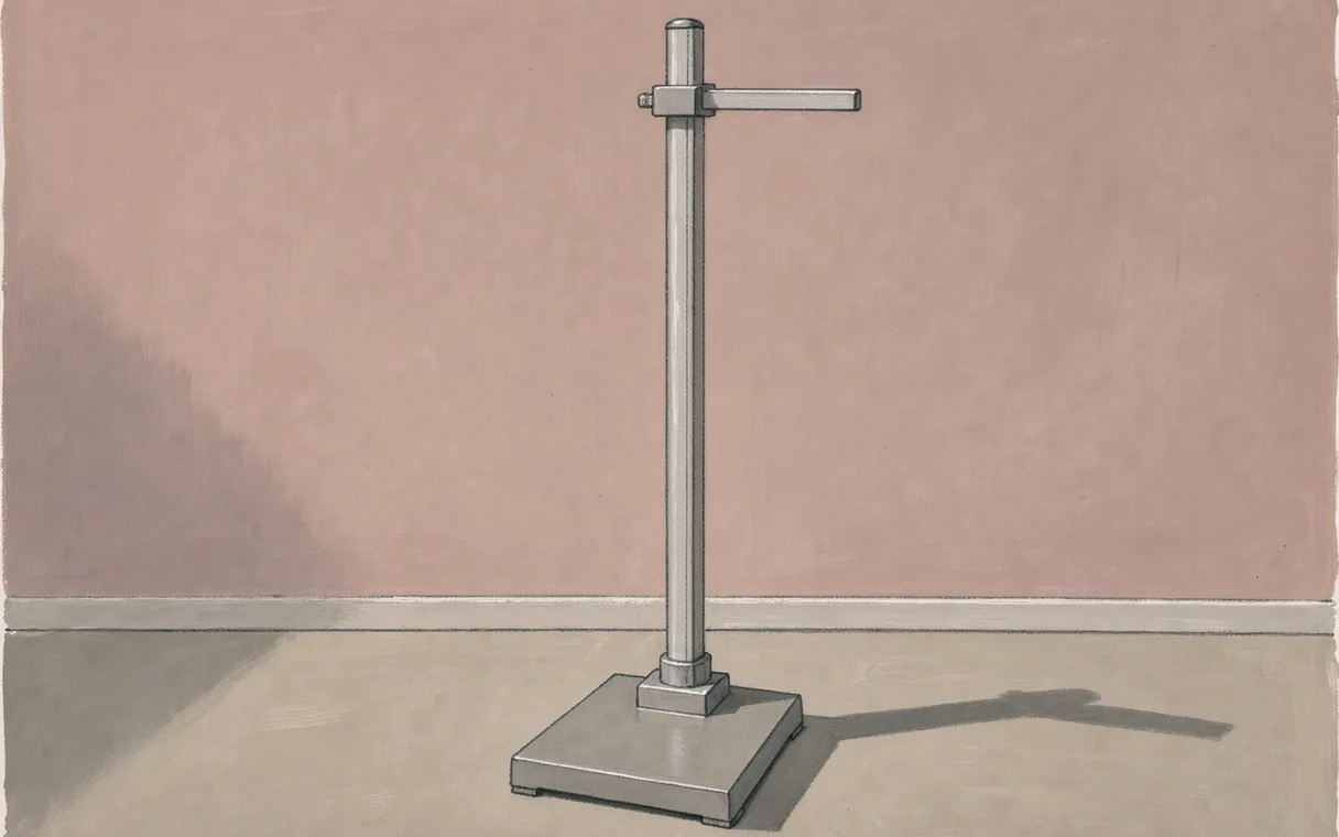 Illustrated height-measuring apparatus with a horizontal headpiece against a rose wall