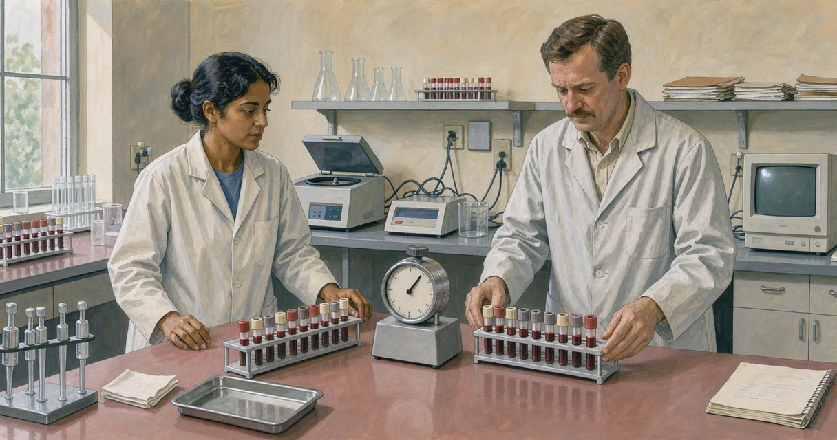 Illustration of two laboratory workers arranging samples beside a large bench timer