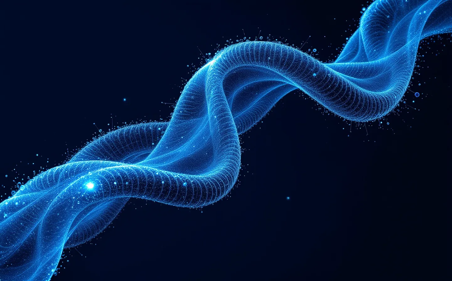 An editorial illustration of an abstract folded twenty-nine-residue peptide fragment in steel-blue with one brighter terminal node, on a deep cool ink ground