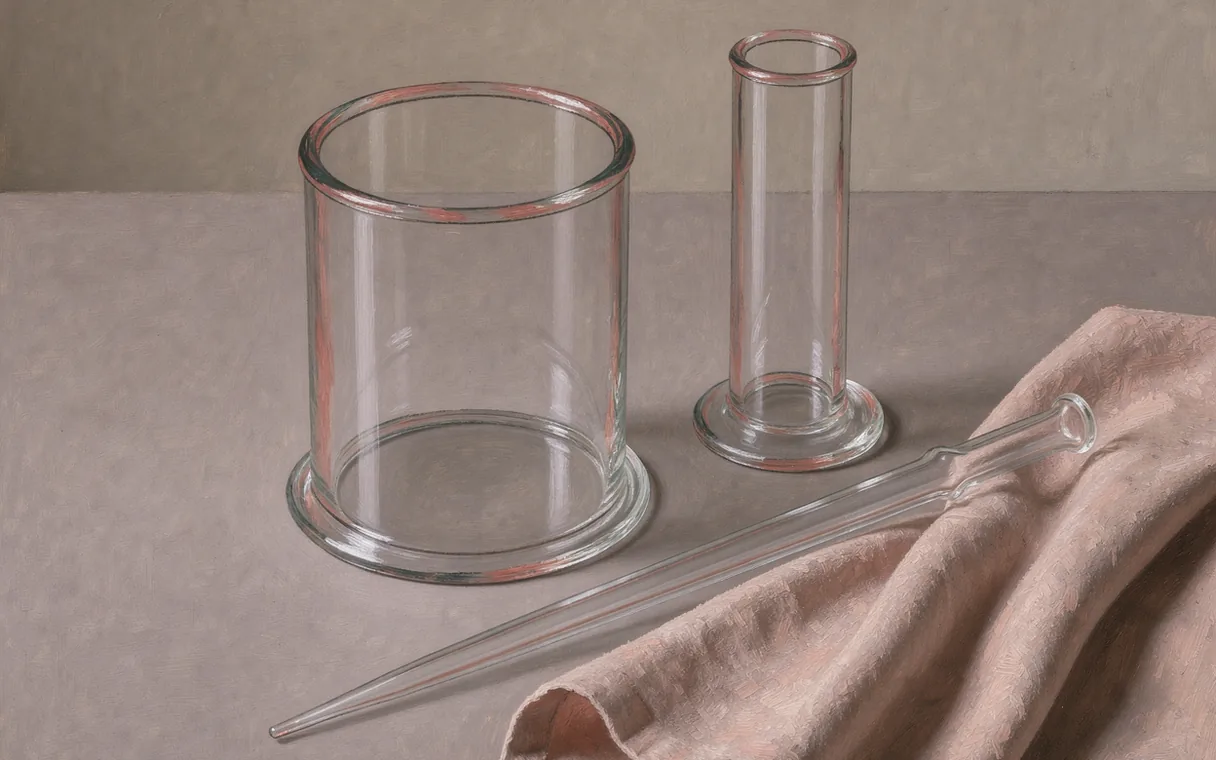 Illustrated laboratory measuring cylinders of different widths beside a pipette