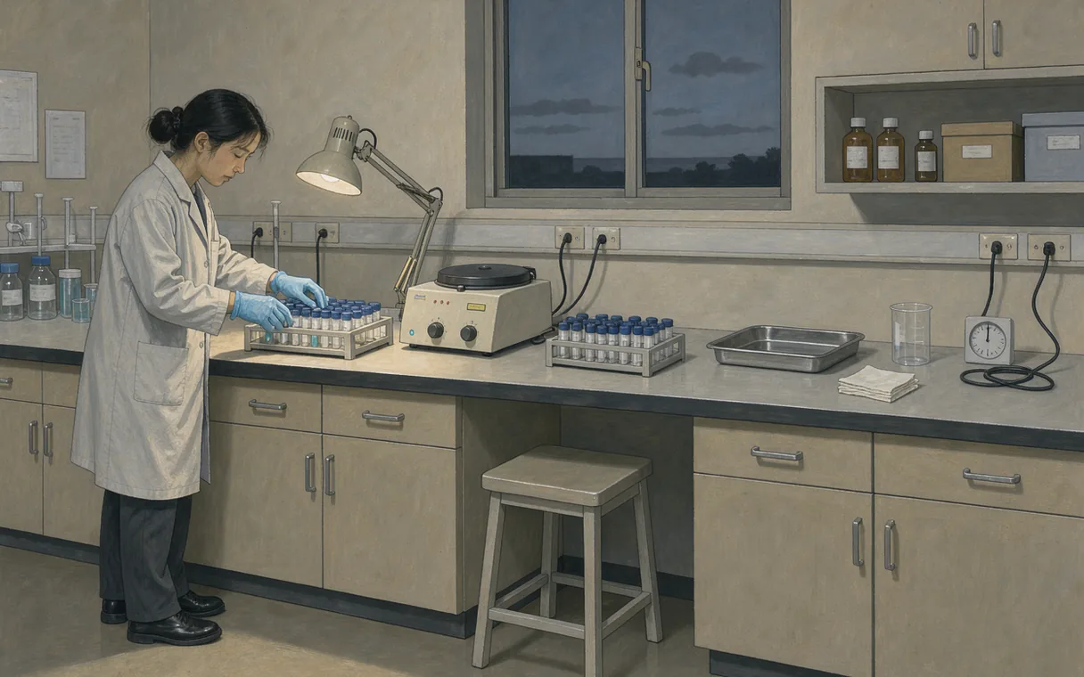 Illustrated laboratory technician working beside a centrifuge after dark